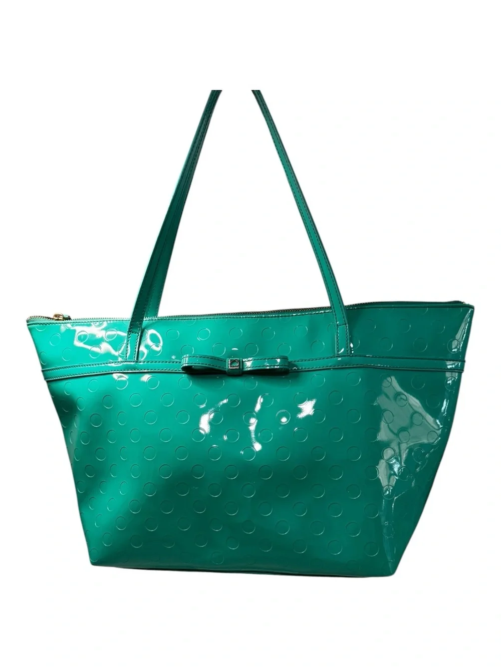 Kate Spade Teal Camellia Street Polka Dot Patent Leather Bow Accent Zip Tote Bag